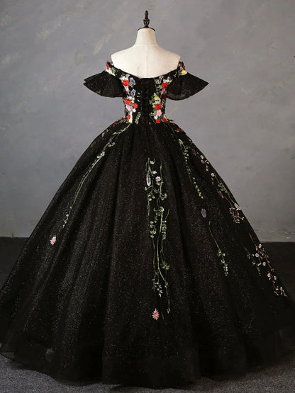 Black Off Shoulder Tulle Lace Long Prom Gown, Black Sweet 16 Dress ED0679