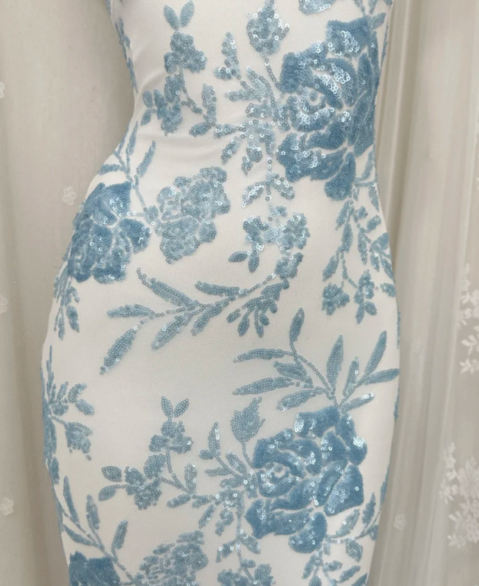 Chic Blue Prom Dress Spaghetti Straps Sheath Birthday Dress Sequins Sleeveless Evening Dress ED06798