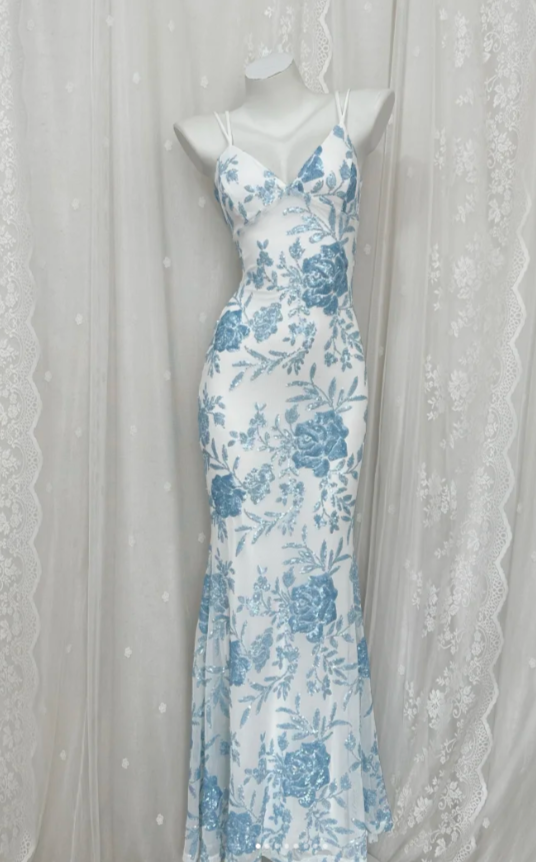 Chic Blue Prom Dress Spaghetti Straps Sheath Birthday Dress Sequins Sleeveless Evening Dress ED06798