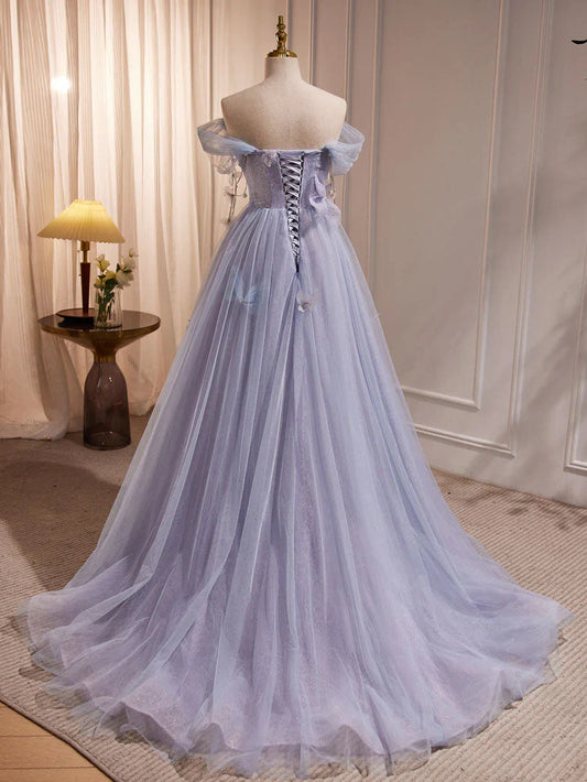 Purple A-Line Tulle Long Prom Dress, Off Shoulder Purple Graduation Dress ED0681