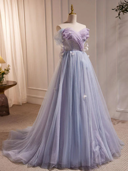 Purple A-Line Tulle Long Prom Dress, Off Shoulder Purple Graduation Dress ED0681