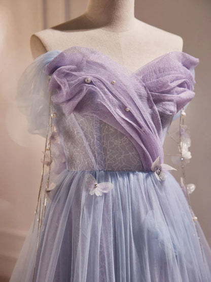 Purple A-Line Tulle Long Prom Dress, Off Shoulder Purple Graduation Dress ED0681
