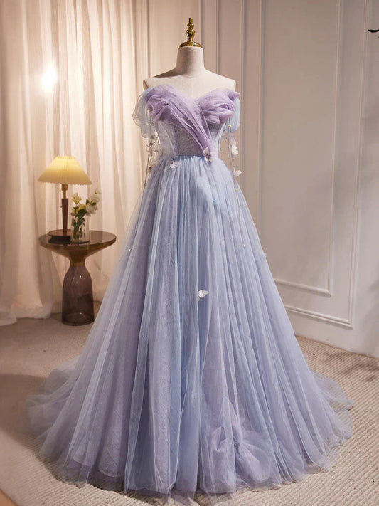 A-Line Tulle Long Prom Dress, Off Shoulder Purple Graduation Dress HZ1024