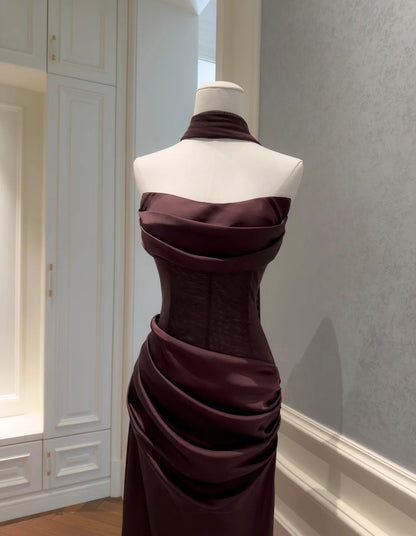 Cute Rust Red Prom Dress Strapless Sheath Evening Dress Satin Sleeveless Party  Dress ED06813