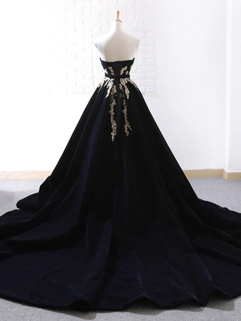 Velvet Sweep Train Long Prom Dress, Black Velvet Long Evening Dress HZ1024