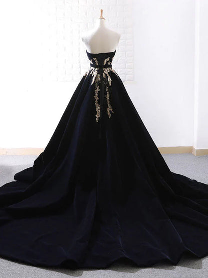 Velvet Sweep Train Long Prom Dress, Black Velvet Long Evening Dress HZ1024