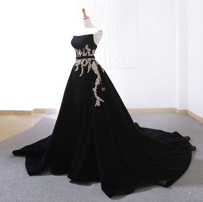 Velvet Sweep Train Long Prom Dress, Black Velvet Long Evening Dress HZ1024
