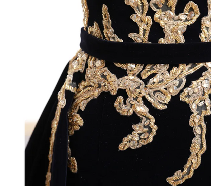 Velvet Sweep Train Long Prom Dress, Black Velvet Long Evening Dress HZ1024