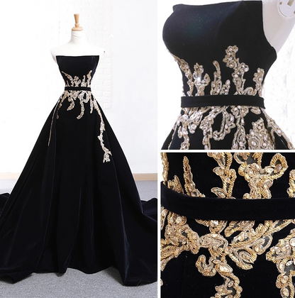 Velvet Sweep Train Long Prom Dress, Black Velvet Long Evening Dress HZ1024