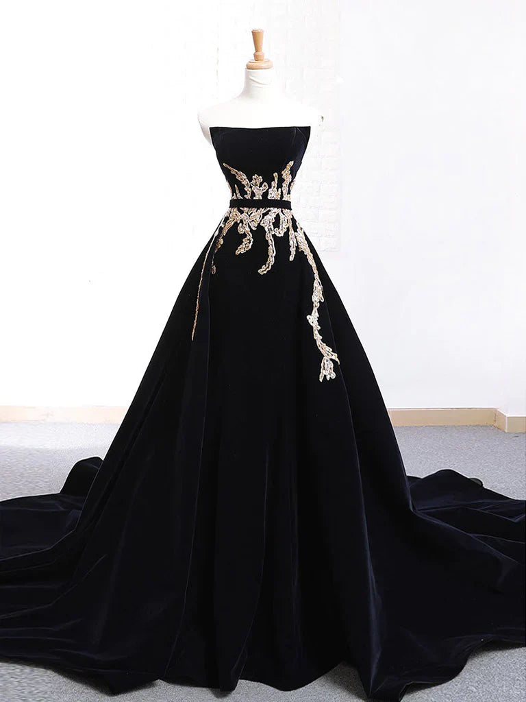 Velvet Sweep Train Long Prom Dress, Black Velvet Long Evening Dress HZ1024