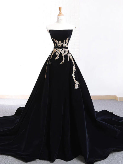 Velvet Sweep Train Long Prom Dress, Black Velvet Long Evening Dress HZ1024