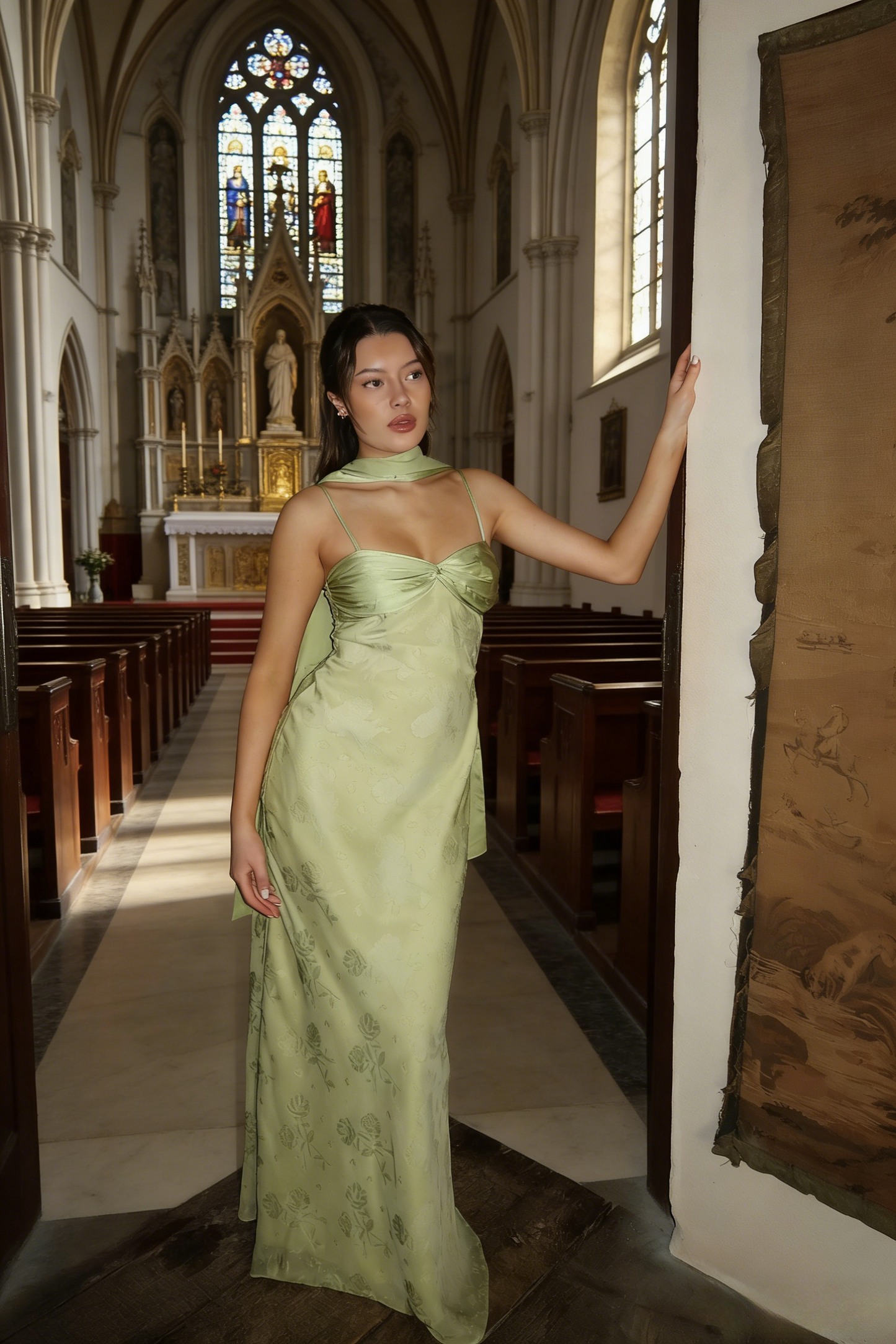 Gorgeous Green Prom Dress Satin Spaghetti Straps Evening Dress Sheath Party Dress ED06822