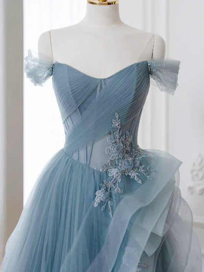 Blue Tulle Lace Long Prom Dress, Gray Blue Formal Dress HZ1024