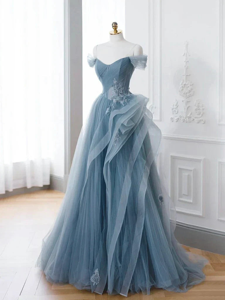 Blue Tulle Lace Long Prom Dress, Gray Blue Formal Dress HZ1024
