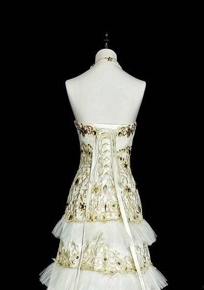 Gorgeous White Prom Dress Tulle Applique Strapless Evening Dress A-Line Formal Dress ED06830