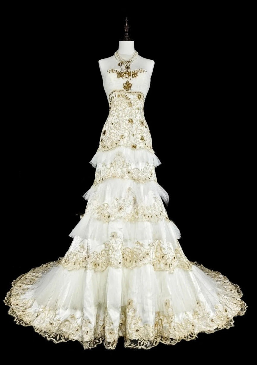 Gorgeous White Prom Dress Tulle Applique Strapless Evening Dress A-Line Formal Dress ED06830