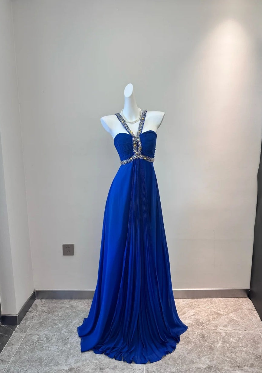 Gorgeous Blue Prom Dress  Chiffon Halter Evening Dress Sheath Formal Dress ED06832
