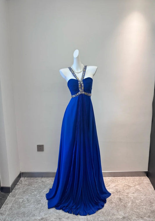 Gorgeous Blue Prom Dress  Chiffon Halter Evening Dress Sheath Formal Dress ED06832