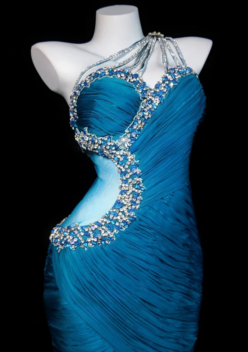 Gorgeous Blue Prom Dress Chiffon One-shoulder Evening Dress Sheath Formal Dress ED06833