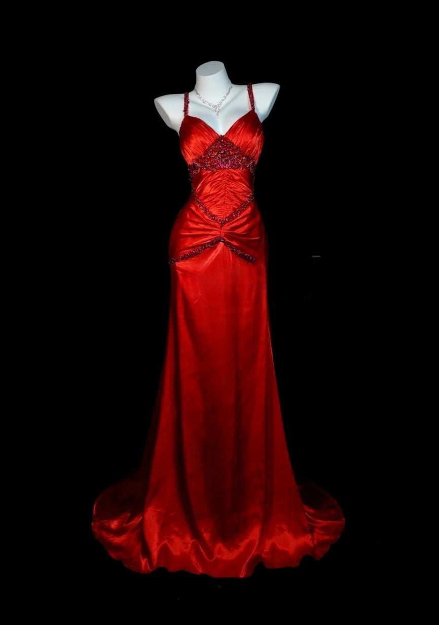 Chic Red Prom Dress Satin Spaghetti Straps Evening Dress Sheath Formal Dress ED06835
