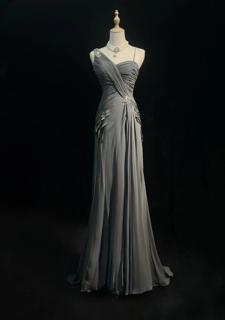 Chic Gray Prom Dress Chiffon Spaghetti Straps Evening Dress Sheath Formal Dress ED06836