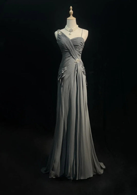 Chic Gray Prom Dress Chiffon Spaghetti Straps Evening Dress Sheath Formal Dress ED06836
