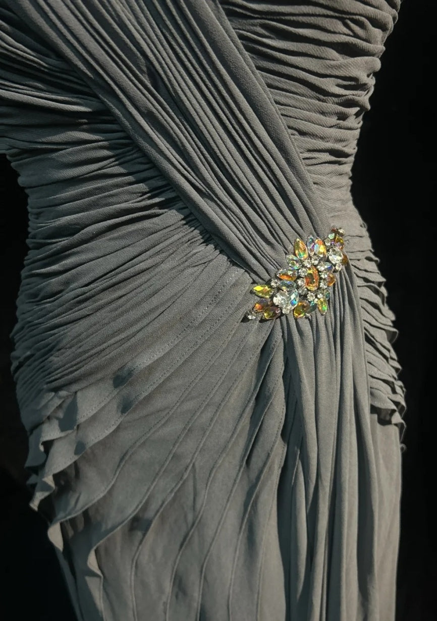 Chic Gray Prom Dress Chiffon Spaghetti Straps Evening Dress Sheath Formal Dress ED06836