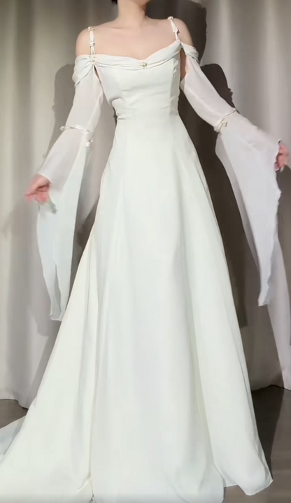 Vintage White Prom Dress Chiffon Straps Evening Dress A-Line Birthday Dress ED06848