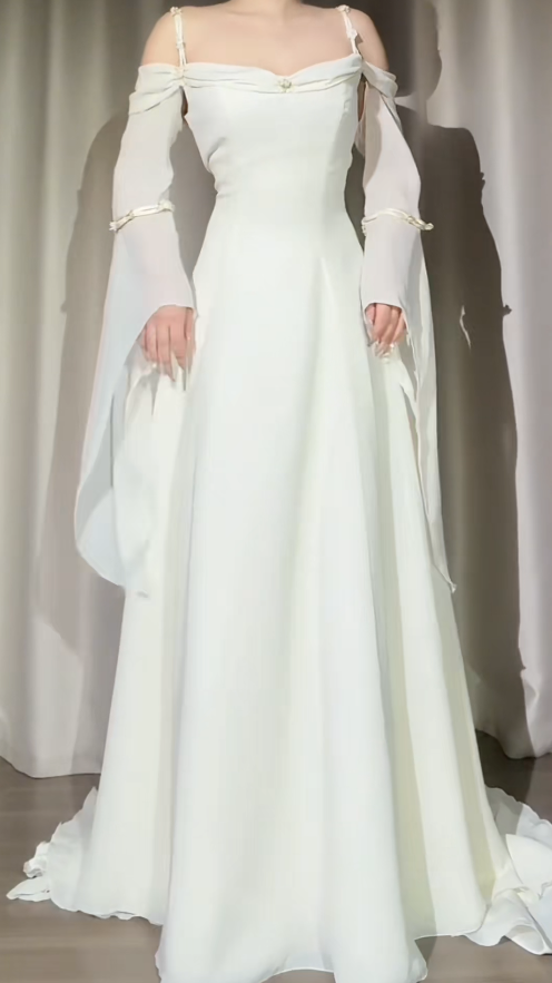 Vintage White Prom Dress Chiffon Straps Evening Dress A-Line Birthday Dress ED06848