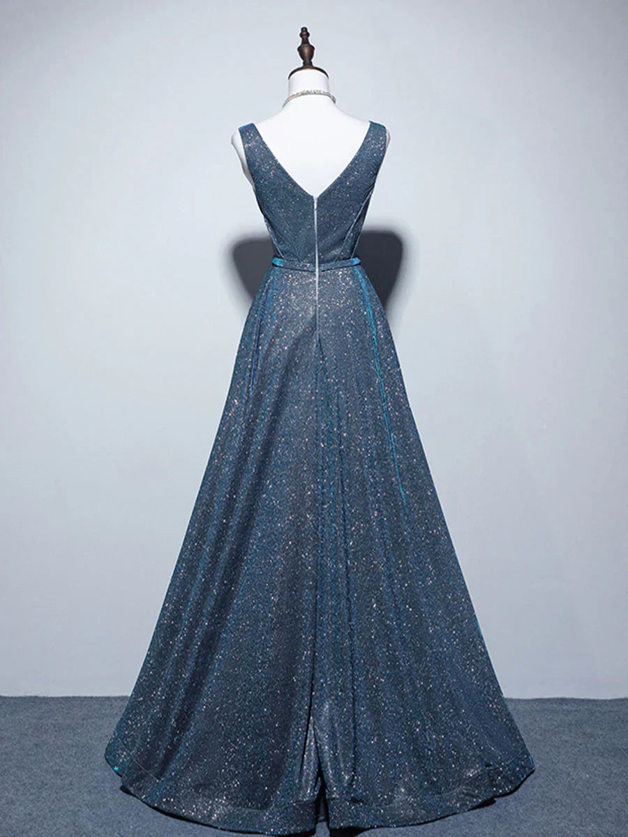 A-Line Blue Long prom Dress, Blue Formal Dresses HZ1024