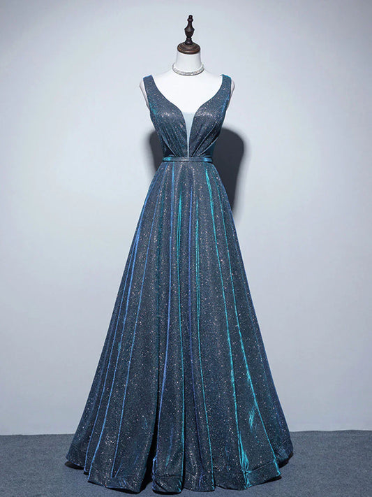 A-Line Blue Long prom Dress, Blue Formal Dresses HZ1024