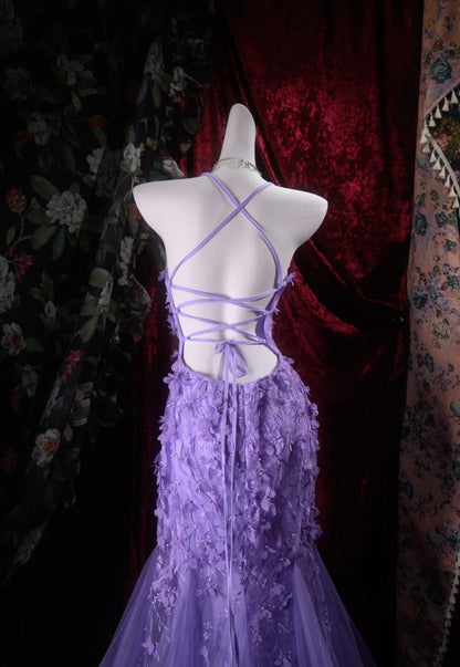 Gorgeous Mermaid Purple Prom Dress Tulle Halter Evening Dress ED06857