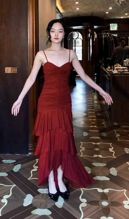 Gorgeous Red Prom Dress Chiffon Sheath Spaghetti Straps Evening Dress ED06861ï¼