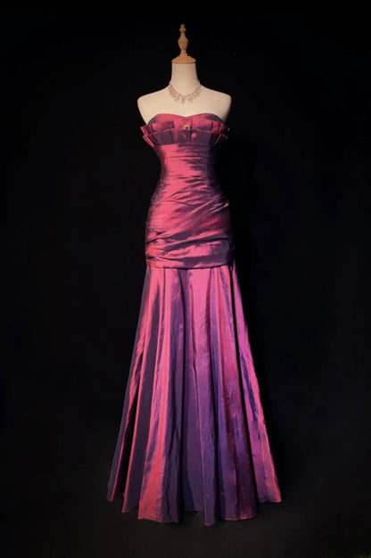 Vintage Hot Pink Prom Dress Satin Strapless Evening Dress Sheath Formal Dress  ED06867
