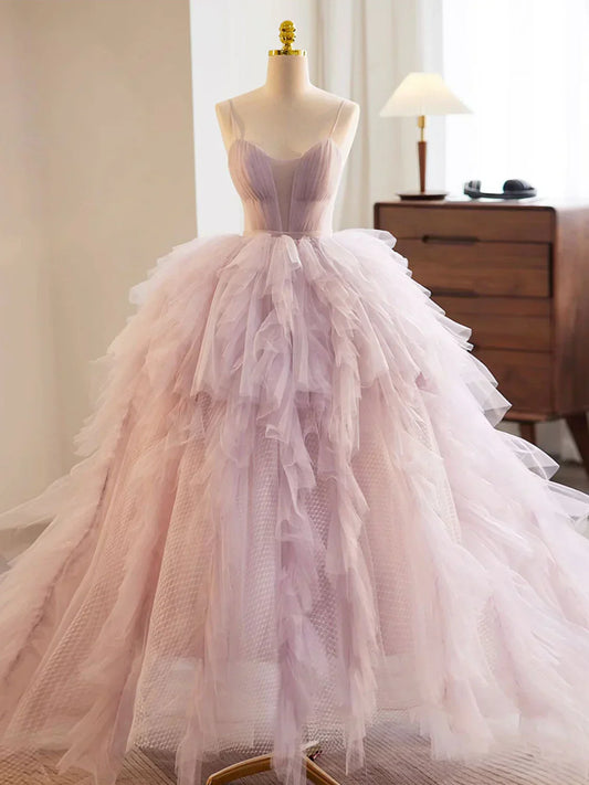 Sweetheart Neck Tulle Pink Long Prom Dress, Pink Evening Dress HZ1024
