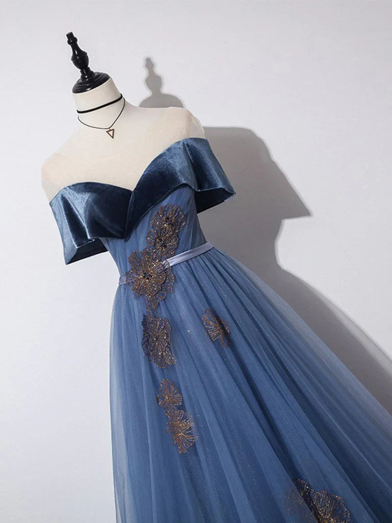 Gray Blue A-Line Tulle Long Prom Dress, Gray Blue Long Formal Dress ED0688