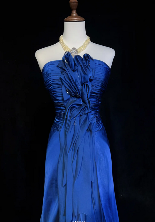 Chic Blue Prom Dress Satin Strapless Evening Dress Sheath Formal Dress ED06881