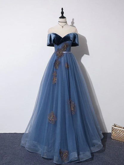 Gray Blue A-Line Tulle Long Prom Dress, Gray Blue Long Formal Dress ED0688