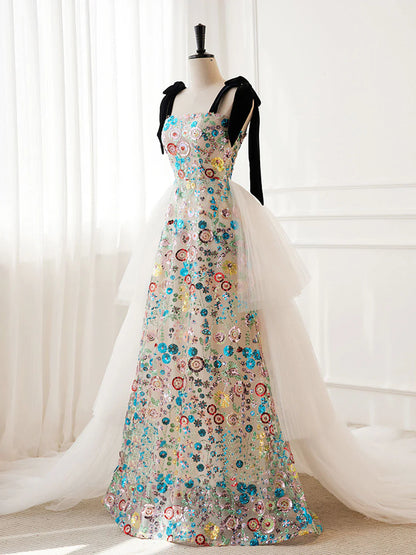 Unique A-Line Sequin Flower Tulle Long Prom Dress, White Formal Evening Dress ED0689