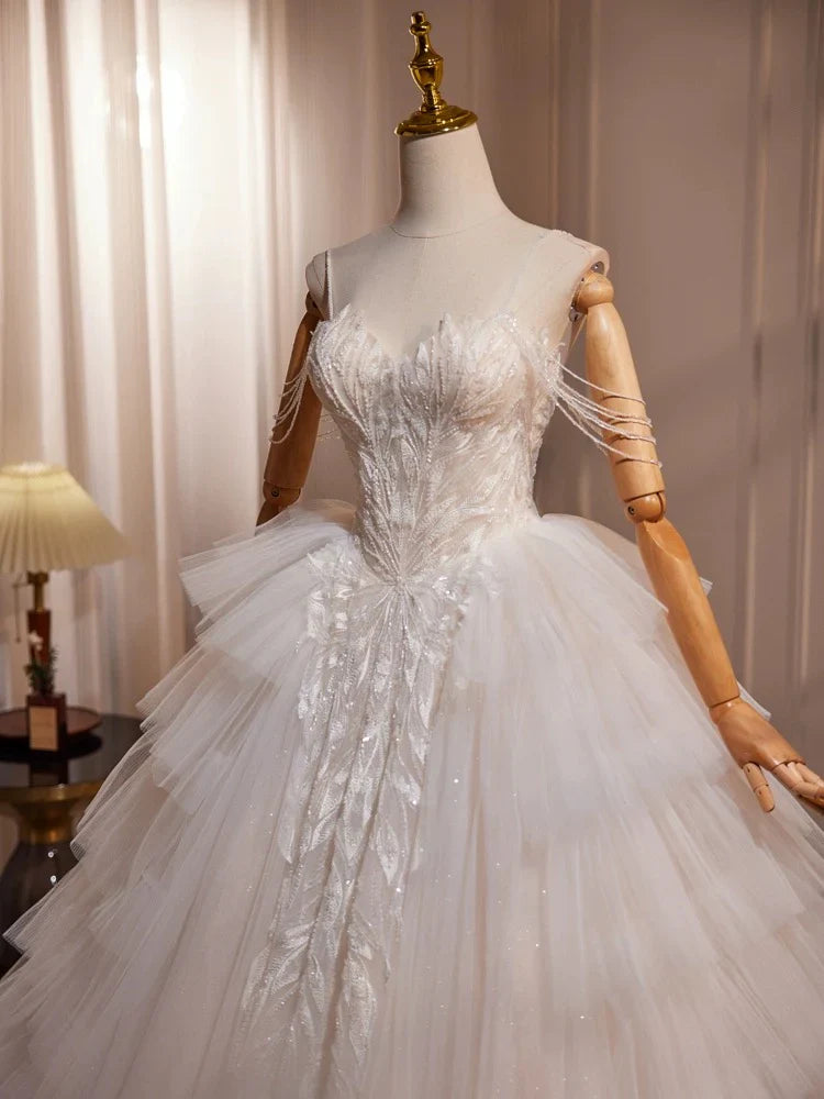 A-Line Sweetheart Neck Tulle Lace Applique Beige Long Prom Dress with Beads   ED069