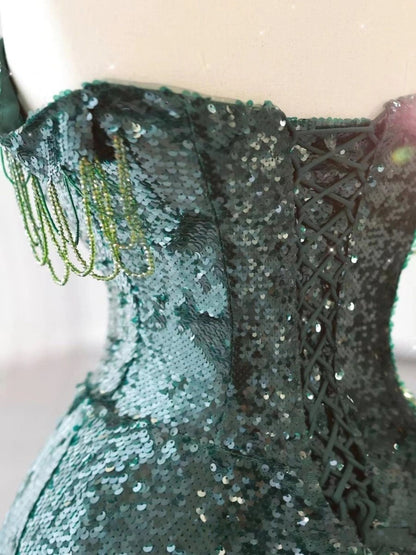 Tulle Sequin Dark Green Long Prom Dress, Green Formal Evening Dress HZ1024