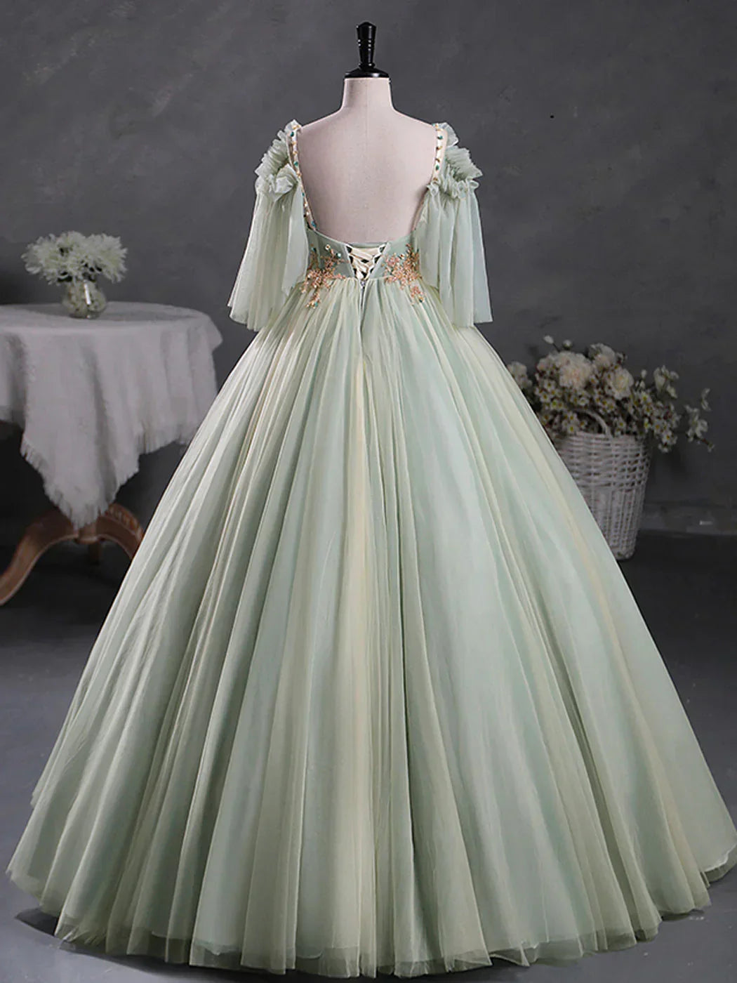 A-Line 3D Lace Long Prom Dress, Green Lace Sweet 16 Dress HZ1024