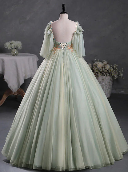 A-Line 3D Lace Long Prom Dress, Green Lace Sweet 16 Dress HZ1024