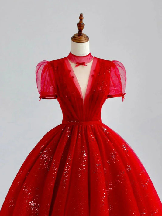 A-Line Tulle Sequin Long Prom Dress, Burgundy Formal Dress HZ1024
