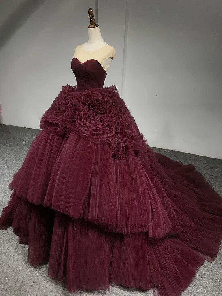 Round Neck Tulle Burgundy Long Prom Gown, Burgundy Long Evening Dress HZ1024