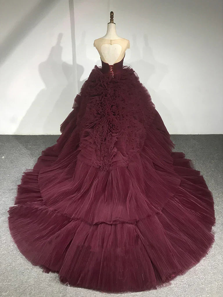 Round Neck Tulle Burgundy Long Prom Gown, Burgundy Long Evening Dress HZ1024