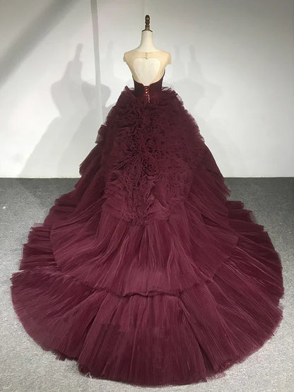 Round Neck Tulle Burgundy Long Prom Gown, Burgundy Long Evening Dress HZ1024