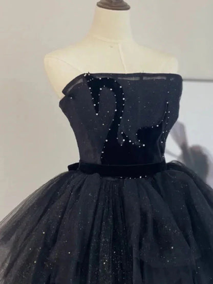 A-Line Tulle Black Long Prom Dress, Black Formal Evening Dress ED0699