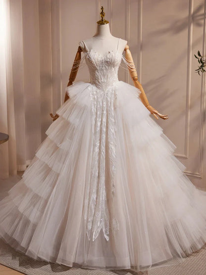 A-Line Sweetheart Neck Tulle Lace Applique Beige Long Prom Dress with Beads   ED069