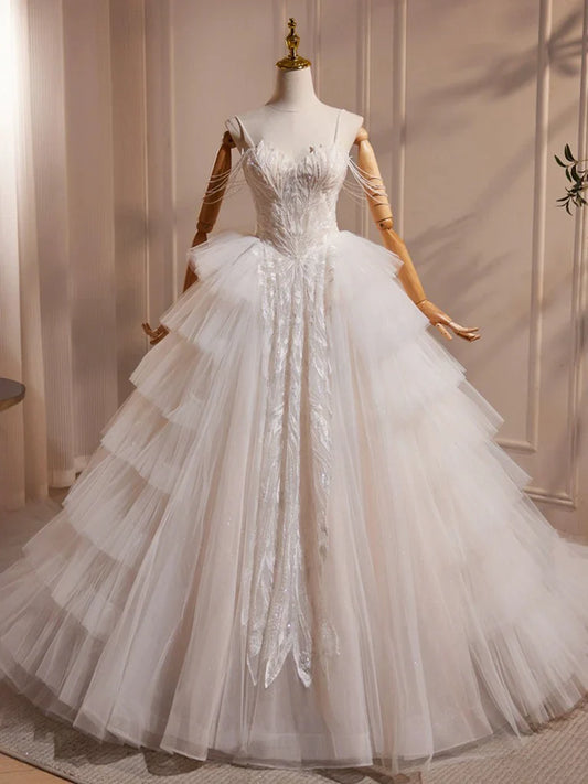 A-Line Sweetheart Neck Tulle Lace Applique Beige Long Prom Dress with Beads   ED069